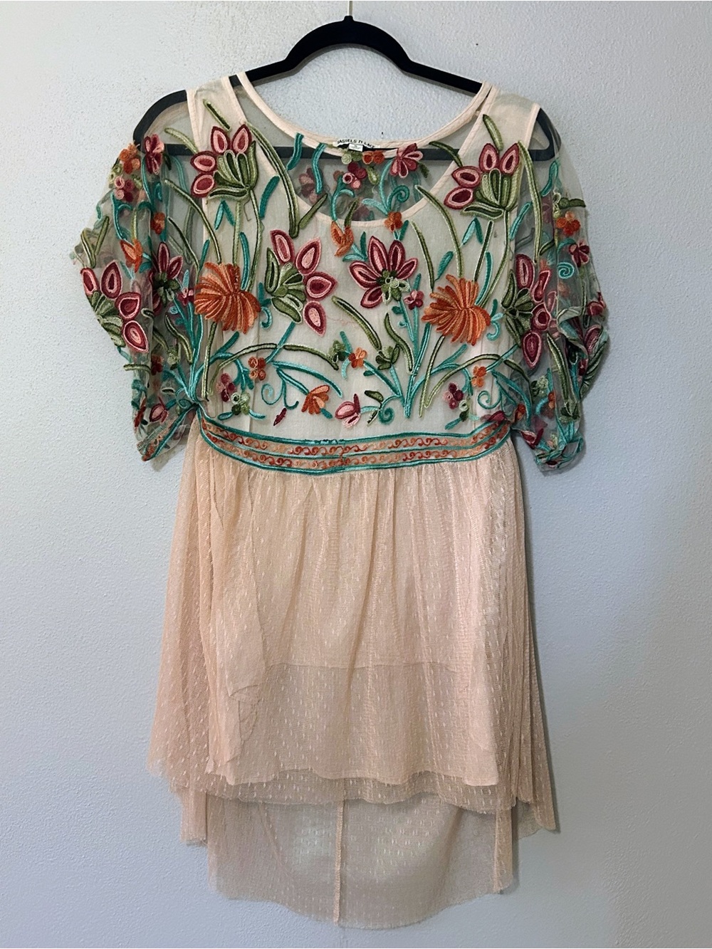 Women’s Boho Beige Embroidered Floral Sheer Overlay Tunic